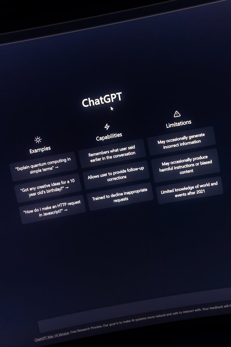 ChatGPT interface displaying examples, capabilities, and limitations.