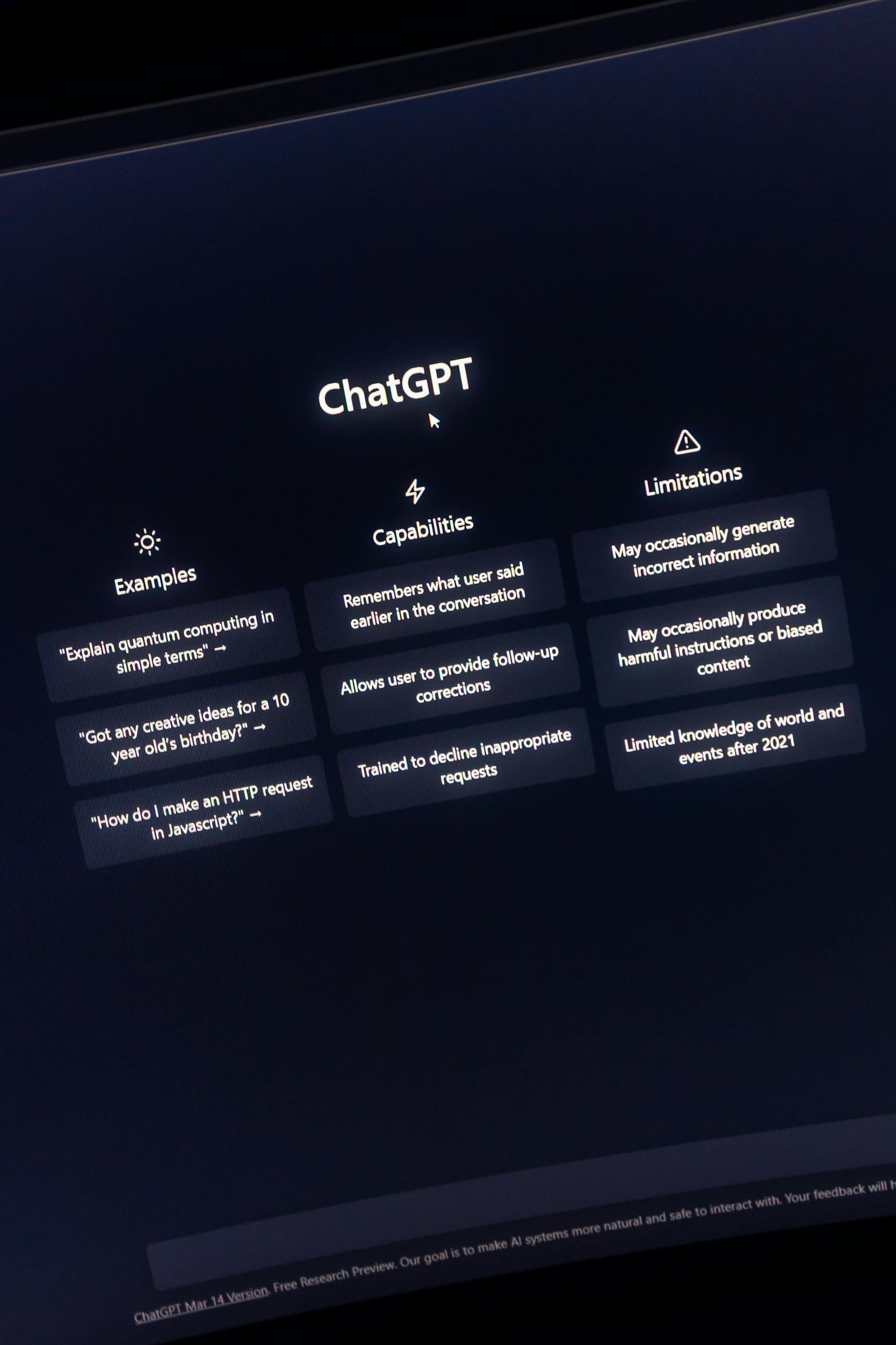 ChatGPT interface displaying examples, capabilities, and limitations.